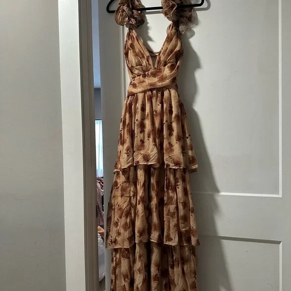 Storia Brown Rose and Lurex Stripes Ruffled Maxi Dress - Picture 1 of 6